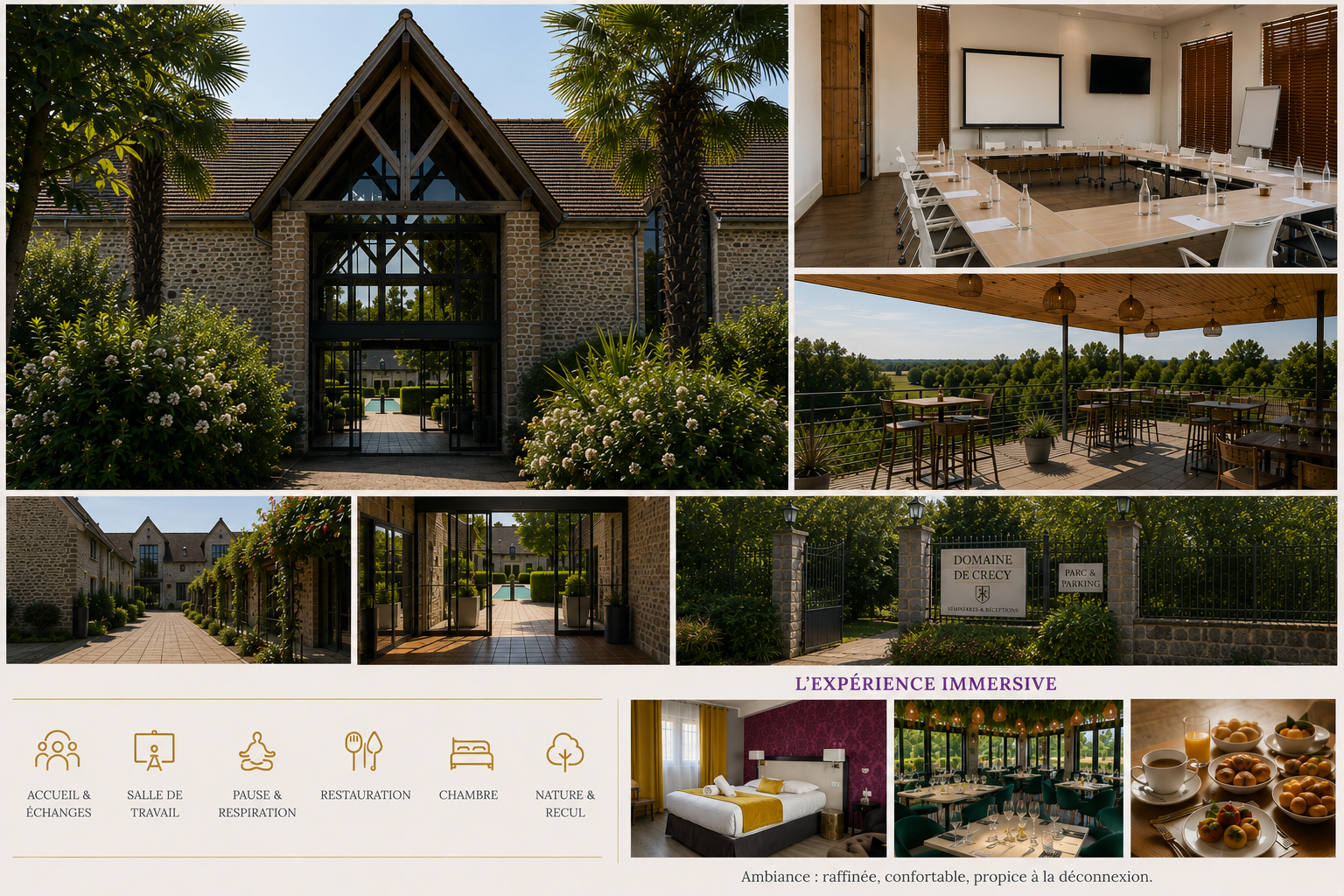 Domaine de Crécy : entrée, salle de travail, terrasse, chambre, dîner et petit-déjeuner
